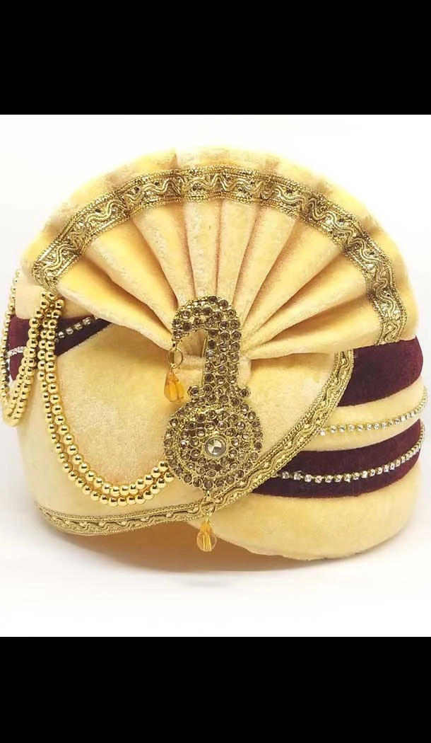 Cream & Maroon Color Velvet Mens Readymade Wedding Groom Turban -1140127754