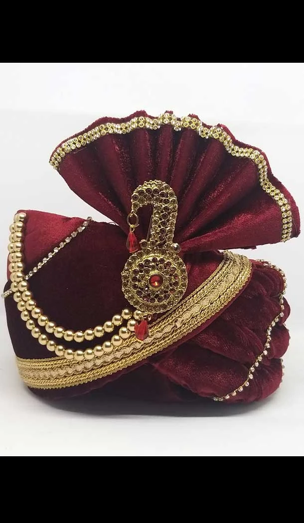 Maroon Color Velvet Mens Readymade Wedding Groom Turban -1140127755