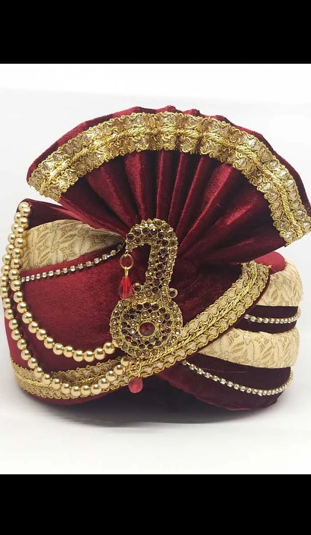 Cream & Maroon Color Velvet Mens Readymade Wedding Groom Turban -1140127756