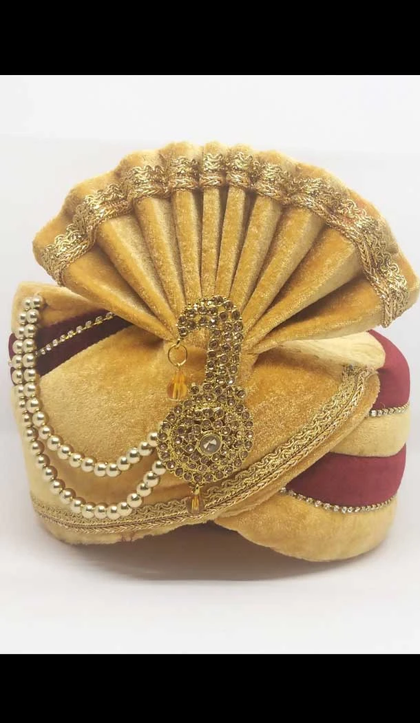 Gold & Maroon Color Velvet Mens Readymade Wedding Groom Turban -1140127757