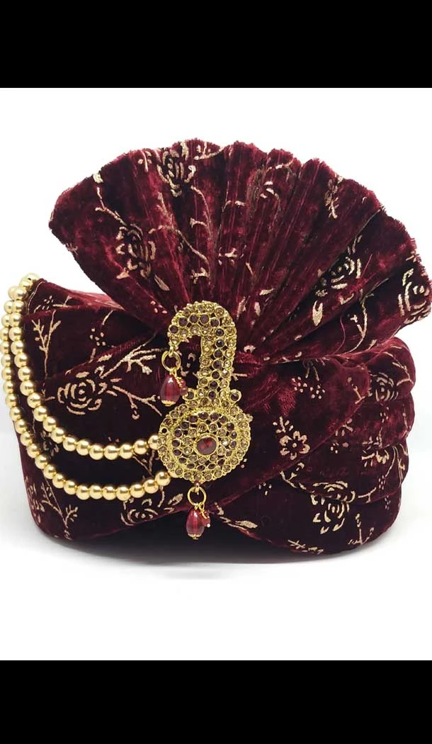 Maroon Color Velvet Mens Readymade Wedding Groom Turban -1140127758