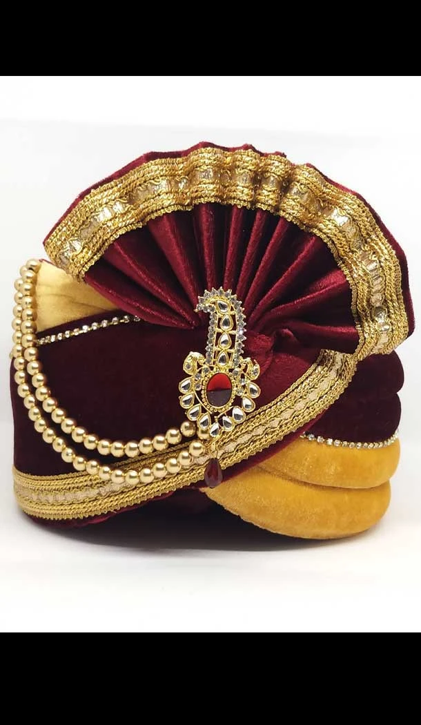 Gold & Maroon Color Velvet Mens Readymade Wedding Groom Turban -1140127759