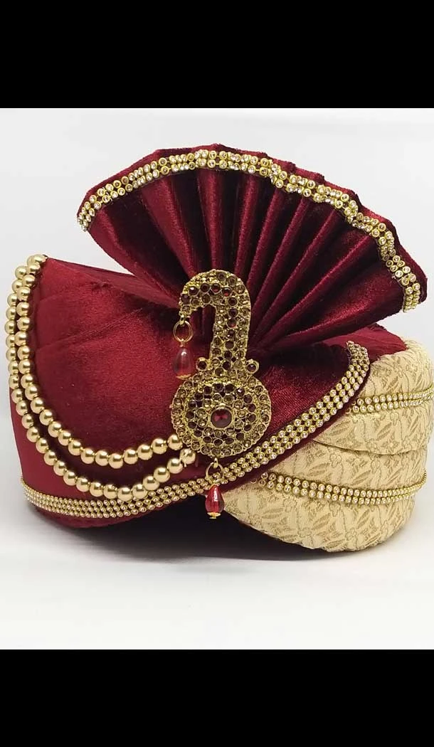 Maroon & Cream Color Velvet Mens Readymade Wedding Groom Turban -1140127761