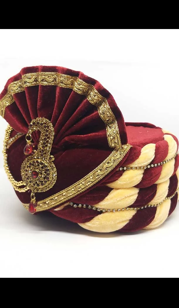 Maroon & Cream Color Velvet Mens Readymade Wedding Groom Turban -1140127762