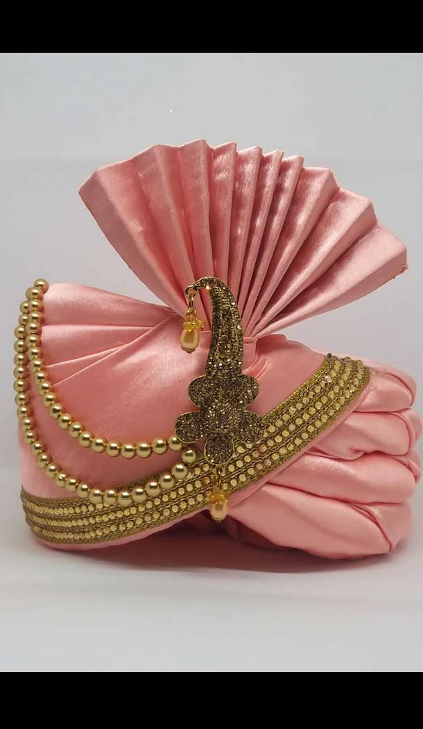 Peach Pink Color Heavy Satin Mens Readymade Wedding Groom Turban -1140127763