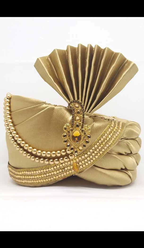 Gold Color Heavy Satin Mens Readymade Wedding Groom Turban -1140127764