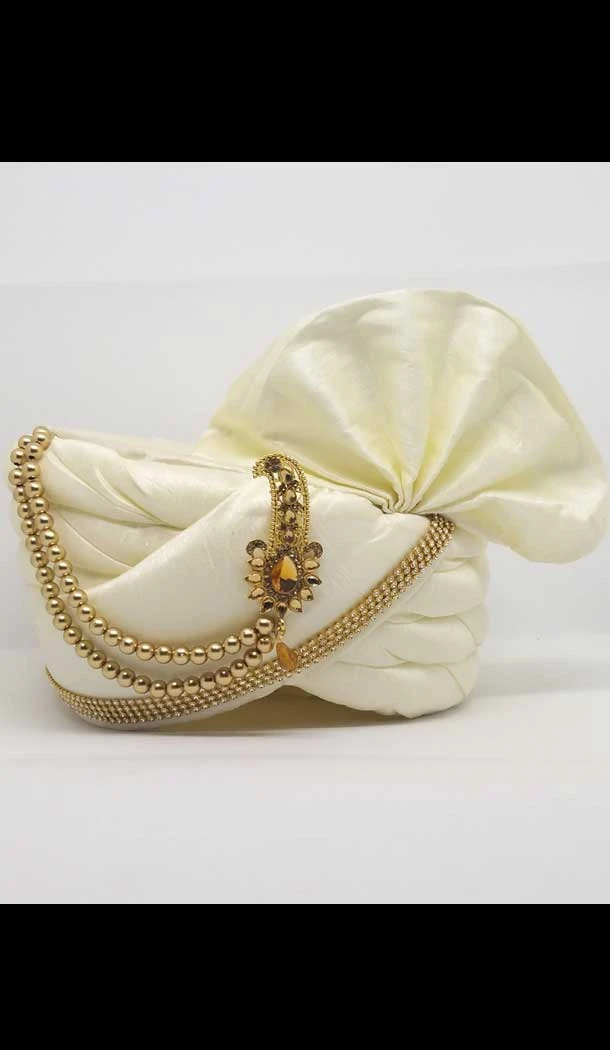 White Color Dupion Silk Mens Readymade Wedding Groom Turban -1140127765