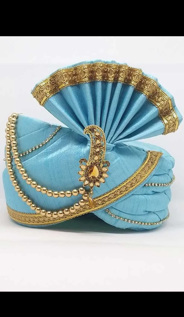 Sky Blue Color Dupion Silk Mens Readymade Wedding Groom Turban -1140127769