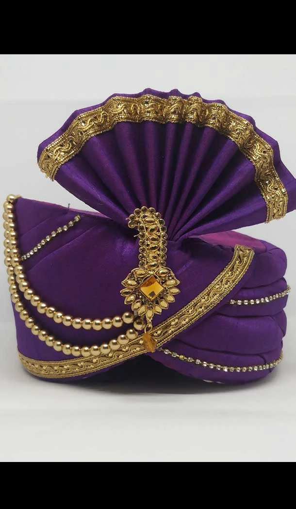 Purple Color Dupion Silk Mens Readymade Wedding Groom Turban -1140127771