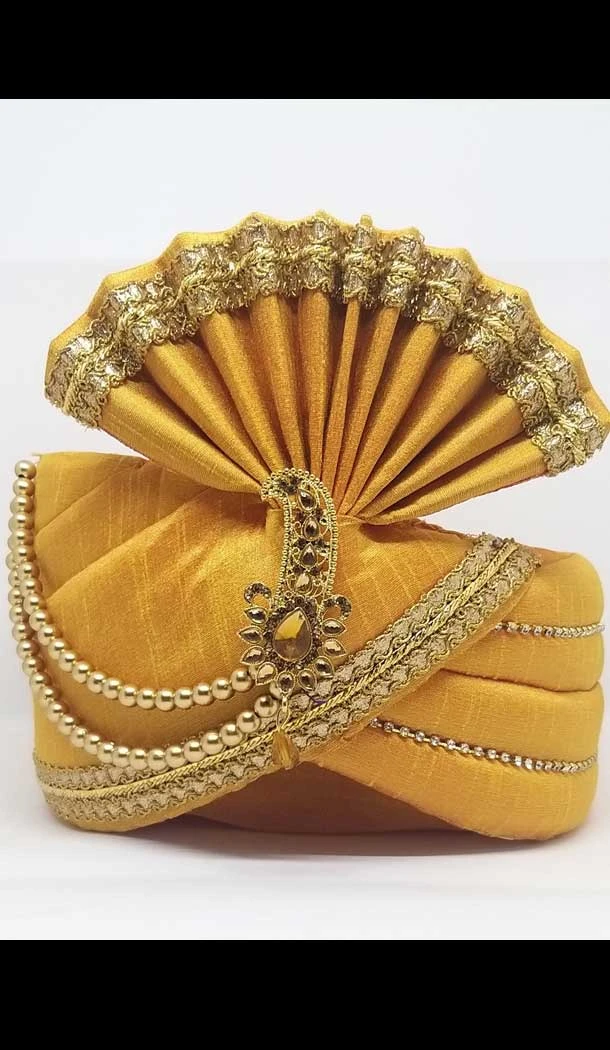 Yellow Color Dupion Silk Mens Readymade Wedding Groom Turban -1140127772