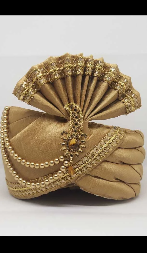 Gold Color Dupion Silk Mens Readymade Wedding Groom Turban -1140127773