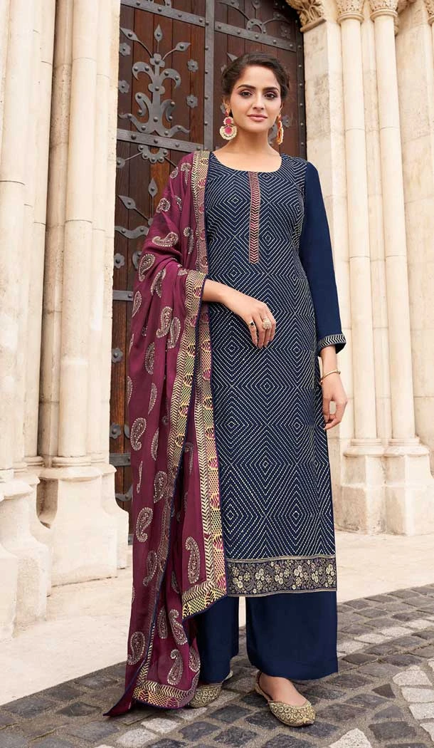 Blue Color Real Chinon Designer Embroidered Palazzo Salwar Suit -1141127774