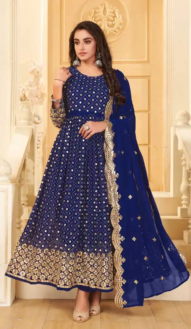 Blue Color Pure Georgette Embroidered Long Aanarkali Salwar Suit -1144127791