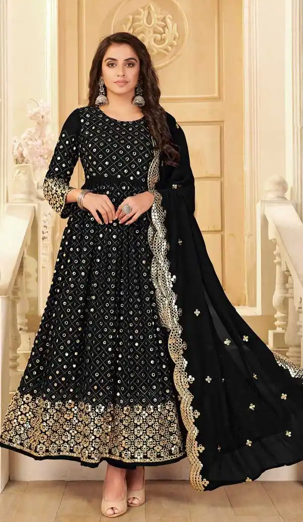 Black Color Pure Georgette Embroidered Long Aanarkali Salwar Suit -1144127792