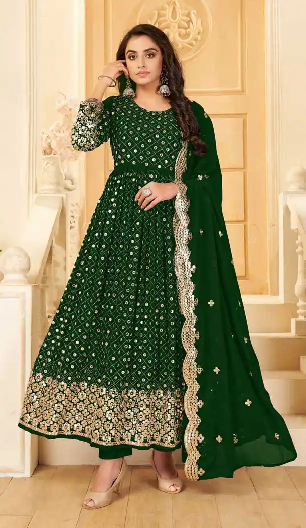Green Color Pure Georgette Embroidered Long Aanarkali Salwar Suit -1144127793