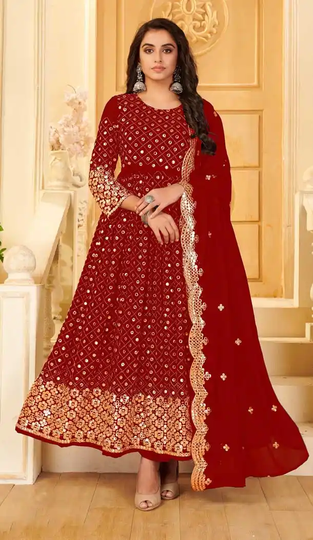 Red Color Pure Georgette Embroidered Long Aanarkali Salwar Suit -1144127795