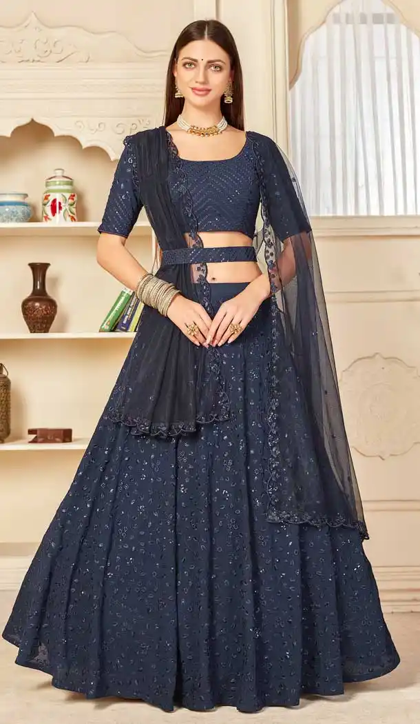Navy Blue Color Georgette Designer Party Wear Lehenga Choli -1145127796