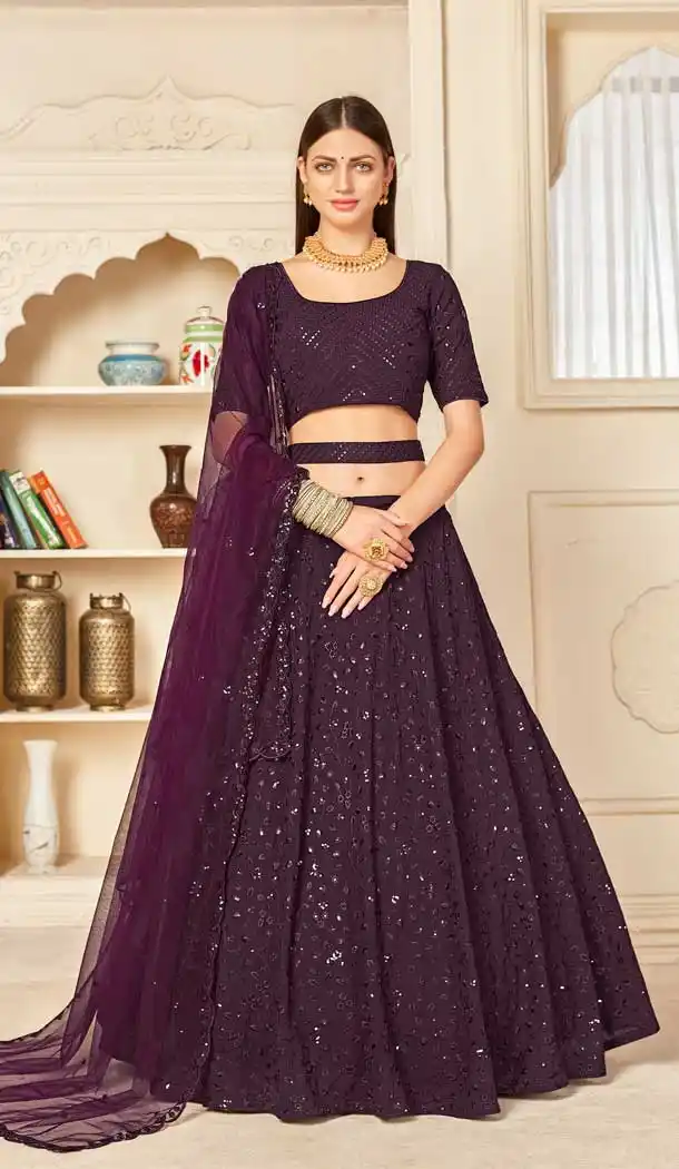 Wine Color Georgette Designer Party Wear Lehenga Choli -1145127798