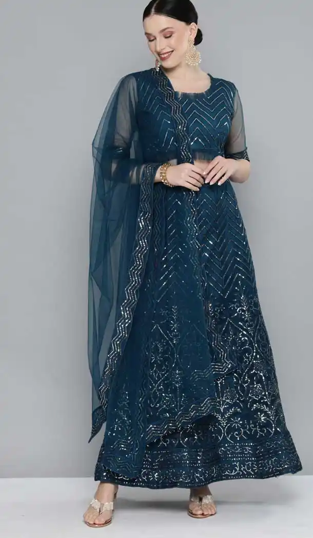 Teal Blue Color Net Designer Party Wear Women Lehenga Choli -1148127820