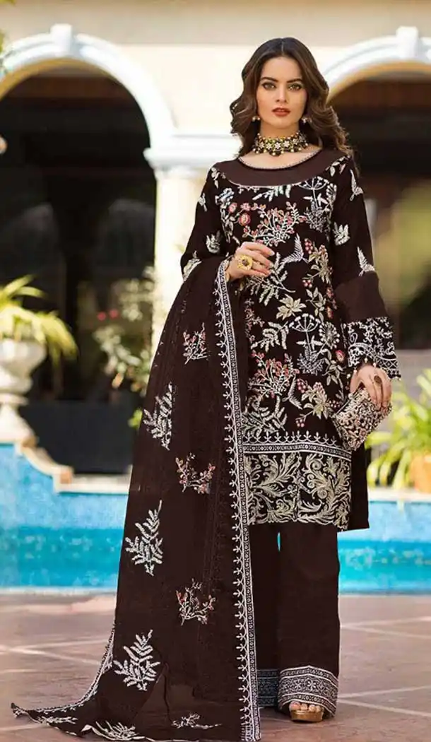 Brown Color Faux Georgette Embroidered Pakistani Salwar Suit -1155127867
