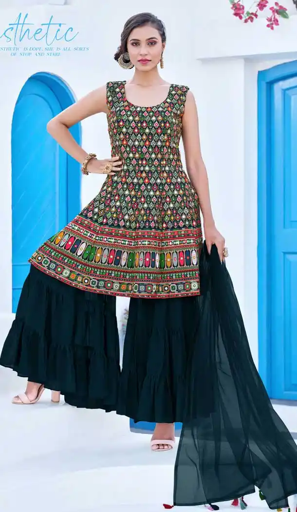 Teal Blue Color Georgette Readymade Heavy Designer Wear Sharara Suit -1162127877