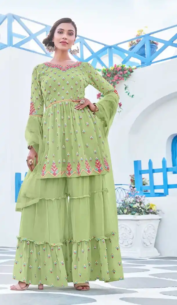 Pista Green Color Georgette Readymade Heavy Designer Wear Sharara Suit -1162127879