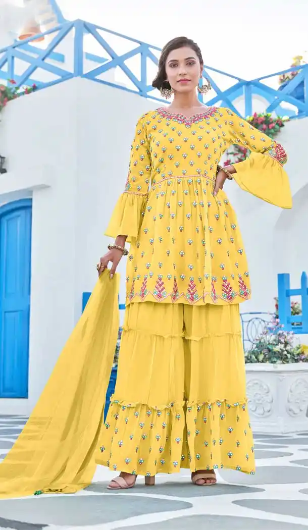 Yellow Color Georgette Readymade Heavy Designer Wear Sharara Suit -1162127881