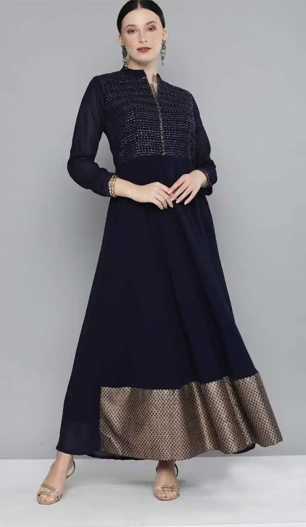 Navy Blue Color Georgette Designer Party Wear Long Kurti -1167127898
