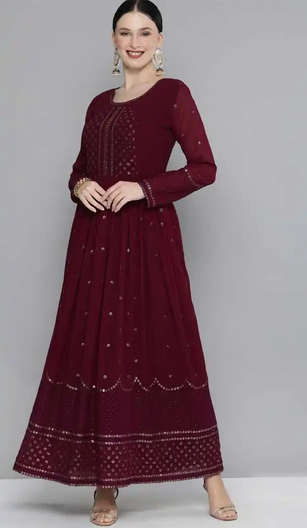 Maroon Color Georgette Designer Party Wear Long Kurti -1167127899