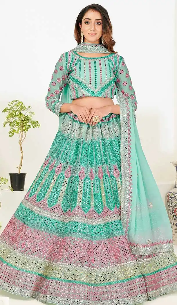 Aqua Color Heavy Georgette Designer Wedding Wear Lehenga Choli -1183128037