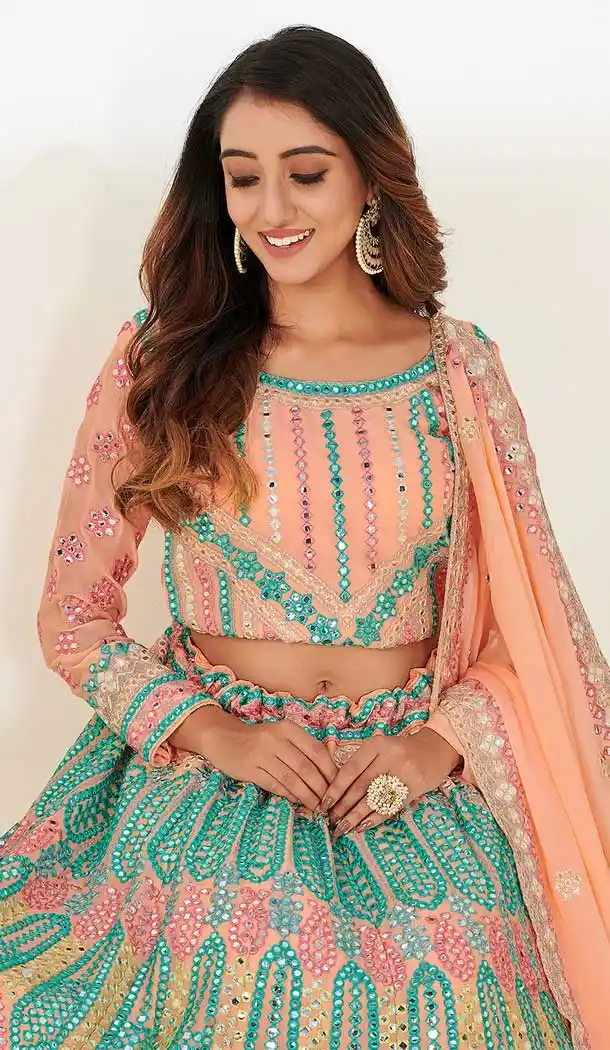 Peach Color Heavy Georgette Designer Wedding Wear Lehenga Choli -1183128040