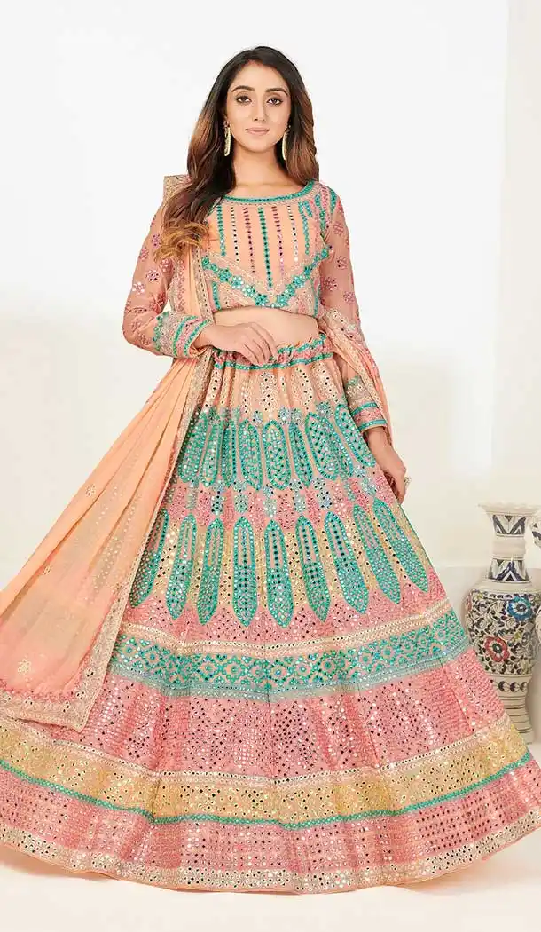 Peach Color Heavy Georgette Designer Wedding Wear Lehenga Choli -1183128040