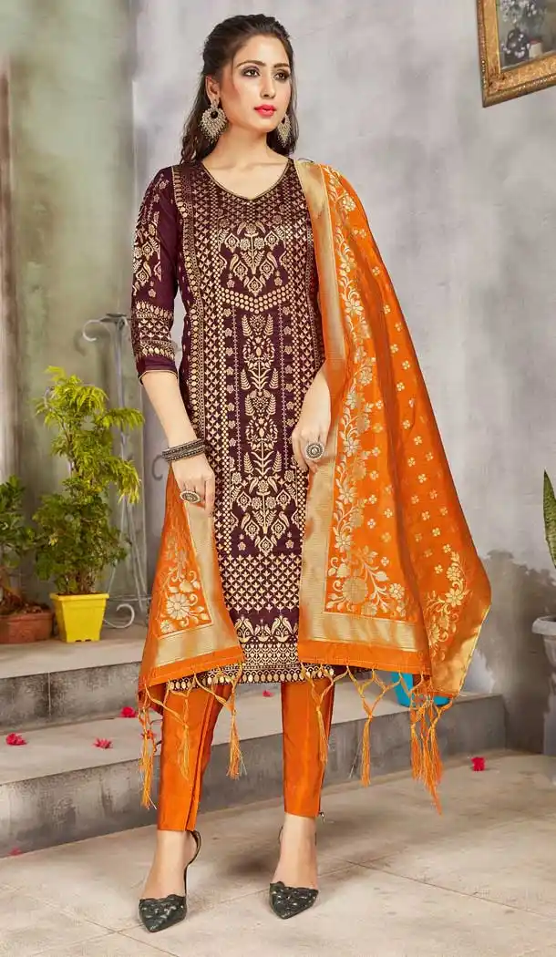 Wine Color Banarasi Art Silk Casual Party Wear Salwar Kameez -1198128122