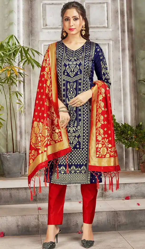 Navy Blue Color Banarasi Art Silk Casual Party Wear Salwar Kameez -1198128129