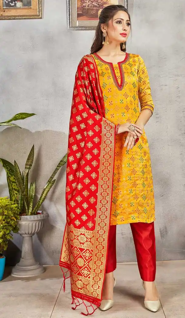 Yellow Color Banarasi Art Silk Casual Party Wear Salwar Kameez -1198128130