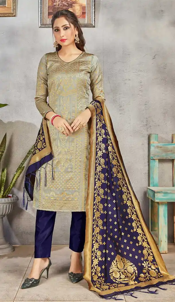 Grey Color Banarasi Art Silk Casual Party Wear Salwar Kameez -1198128133