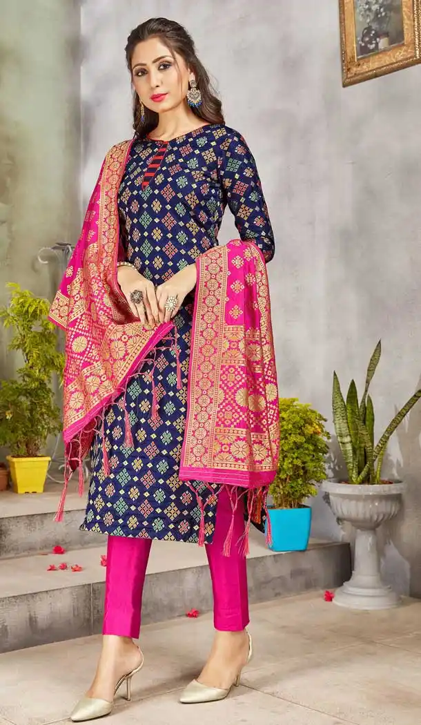 Navy Blue Color Banarasi Art Silk Casual Party Wear Salwar Kameez -1198128137
