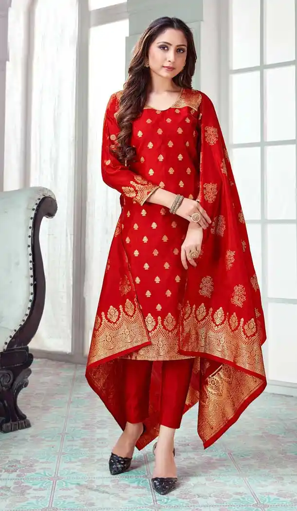 Red Color Banarasi Art Silk Casual Office Party Wear Salwar Kameez -1199128141