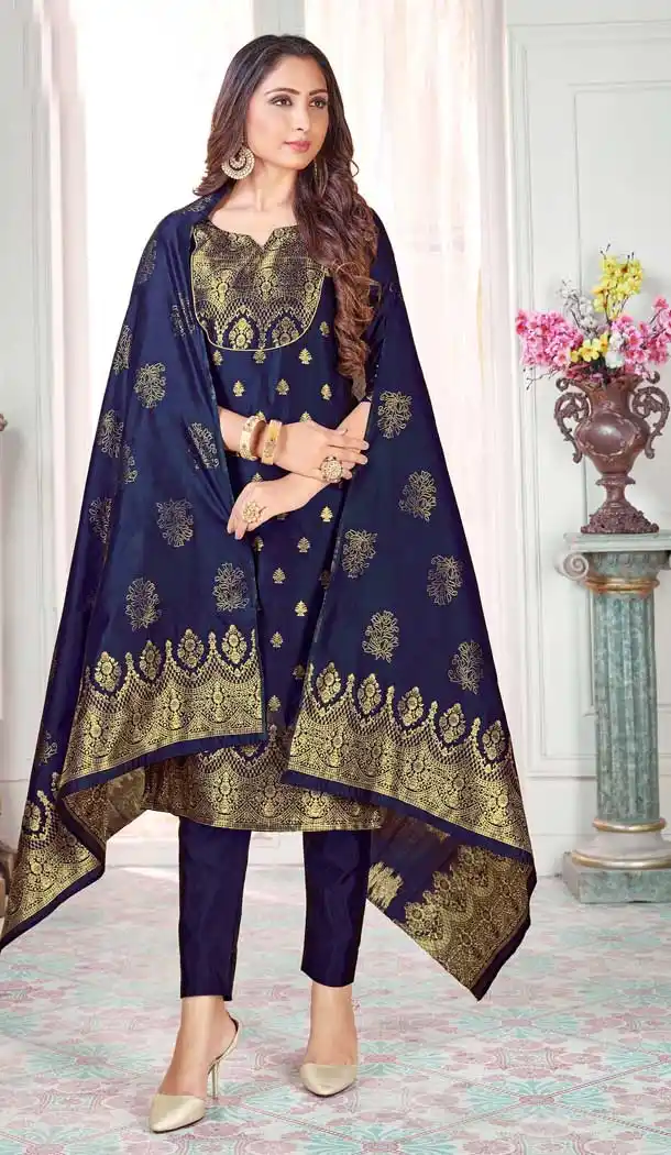 Navy Blue Color Banarasi Art Silk Casual Office Party Wear Salwar Kameez -1199128146
