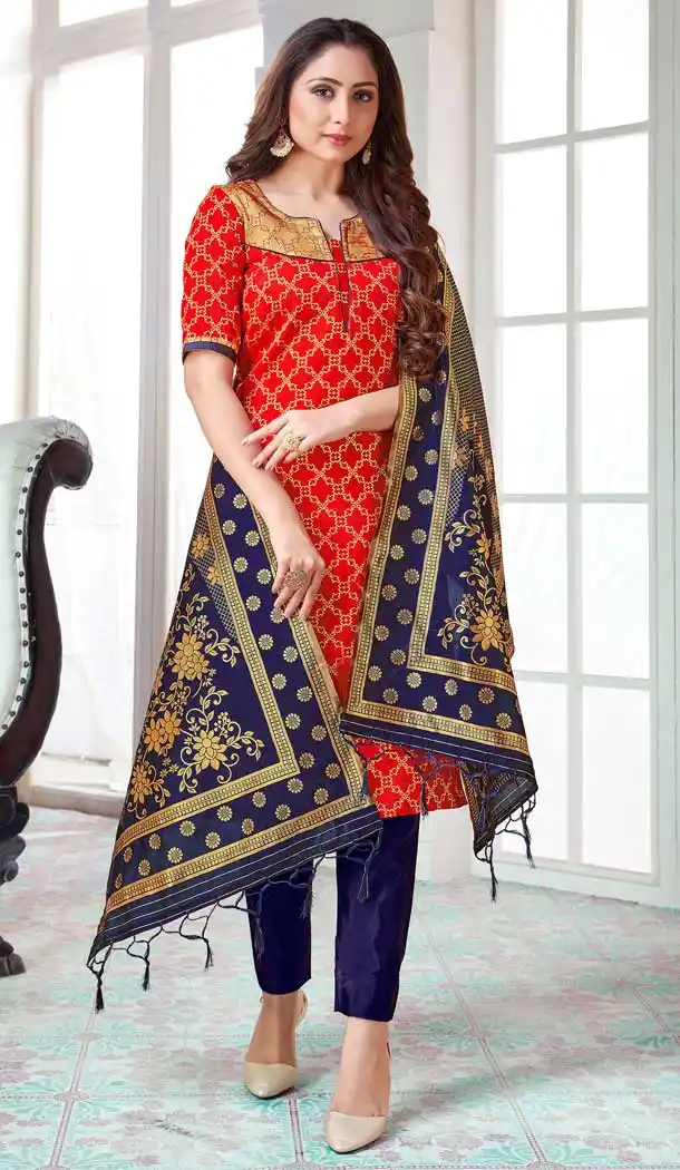 Red Color Banarasi Art Silk Casual Office Party Wear Salwar Kameez -1199128148