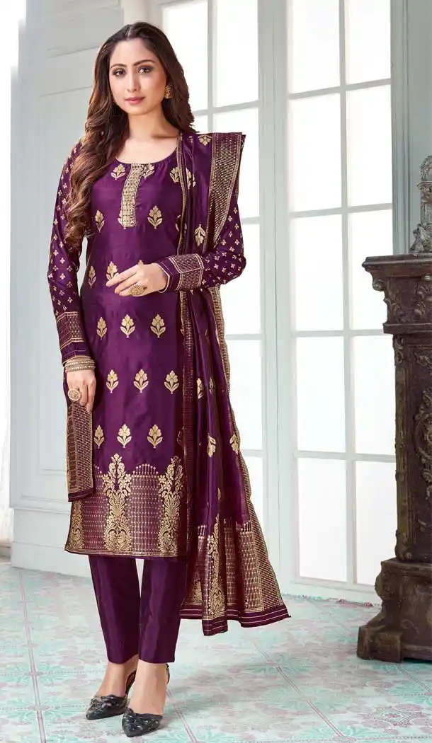 Purple Color Banarasi Art Silk Casual Office Party Wear Salwar Kameez -1199128152