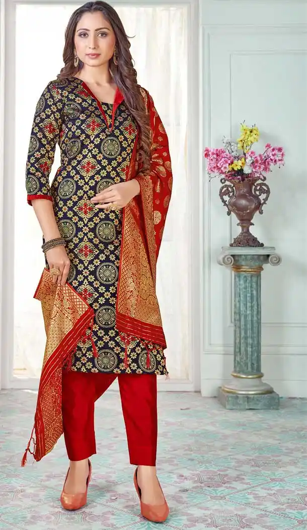 Navy Blue Color Banarasi Art Silk Casual Office Party Wear Salwar Kameez -1199128155