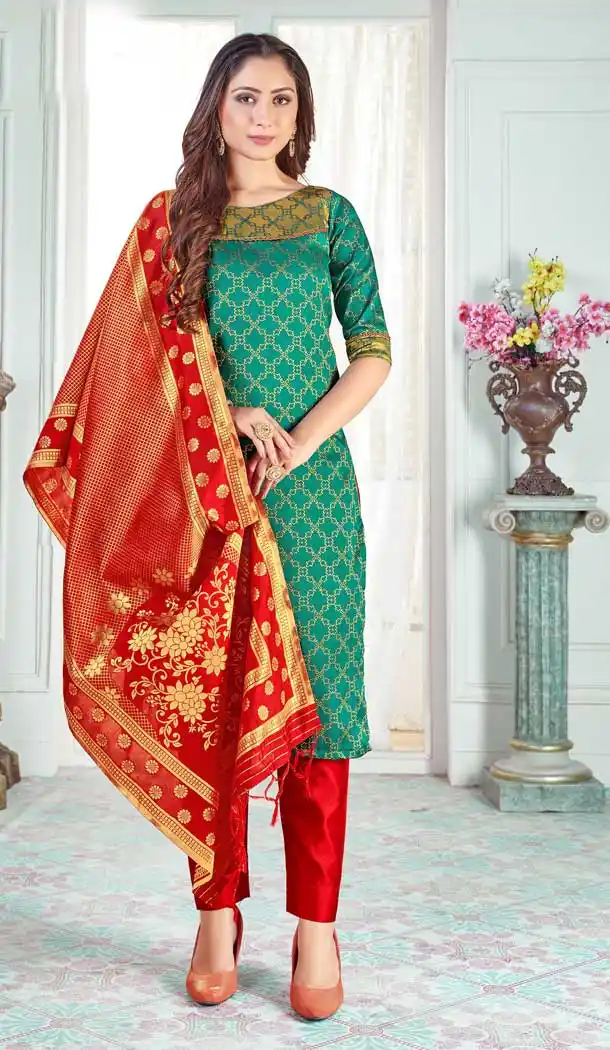 Teal Color Banarasi Art Silk Casual Office Party Wear Salwar Kameez -1199128156