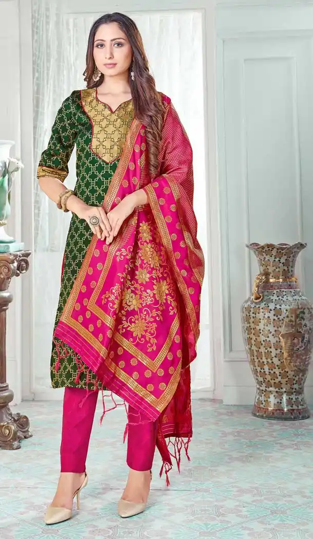 Fascinating Green Color Banarasi Art Silk Casual Office Party Wear Salwar Kameez -1199128159