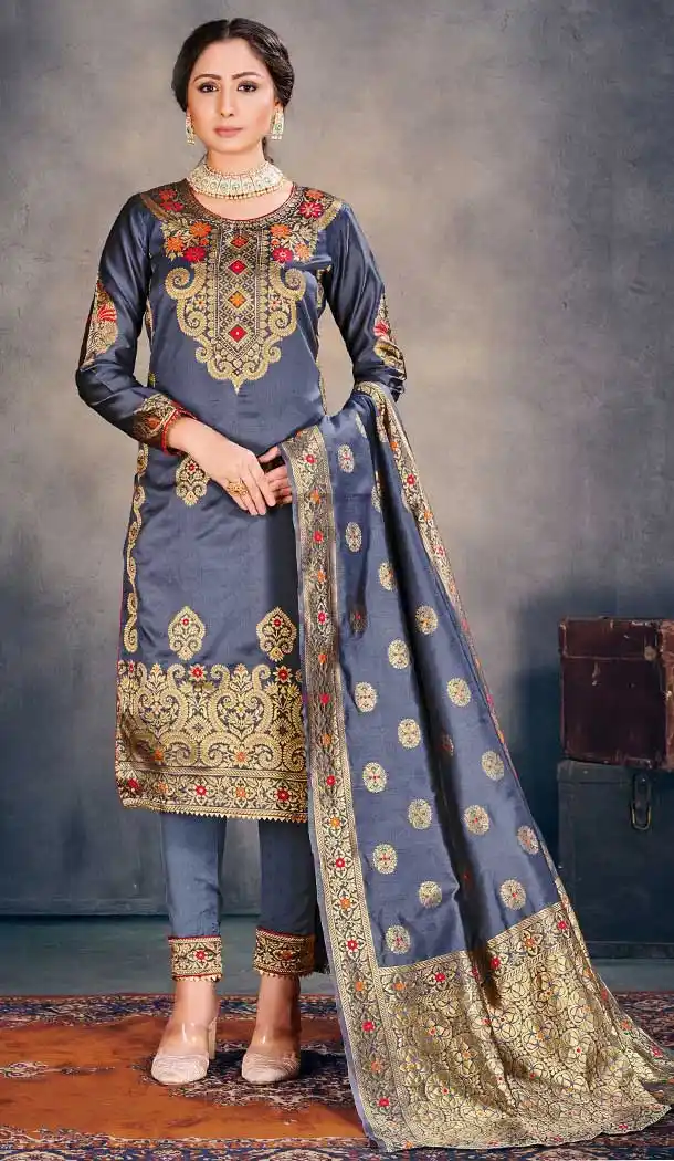 Grey Color Banarasi Art Silk Casual Office Wear Salwar Kameez -1200128164