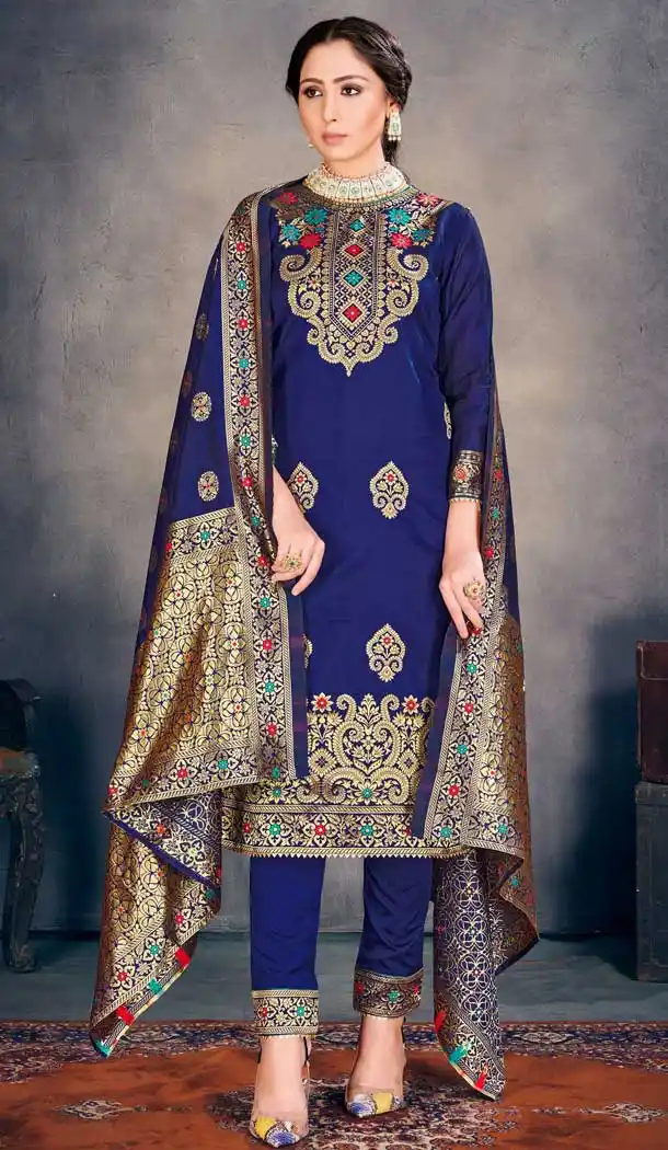 Navy Blue Color Banarasi Art Silk Casual Office Wear Salwar Kameez -1200128165