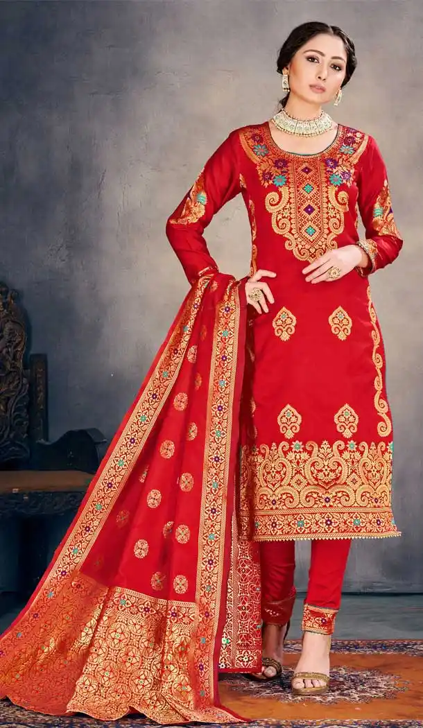 Red Color Banarasi Art Silk Casual Office Wear Salwar Kameez -1200128166