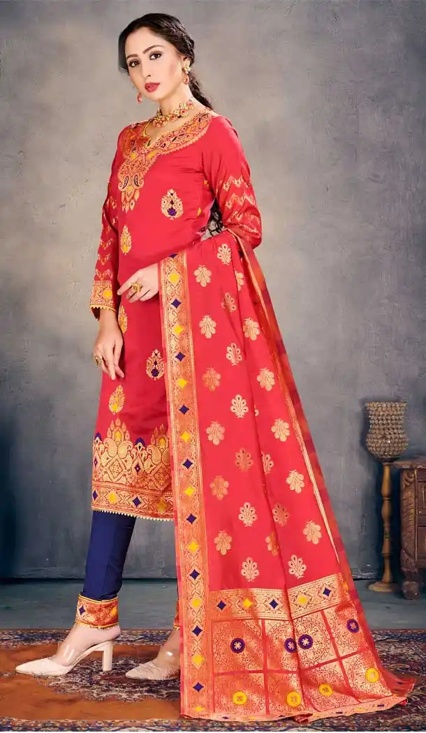 Coral Color Banarasi Art Silk Casual Office Wear Salwar Kameez -1200128171