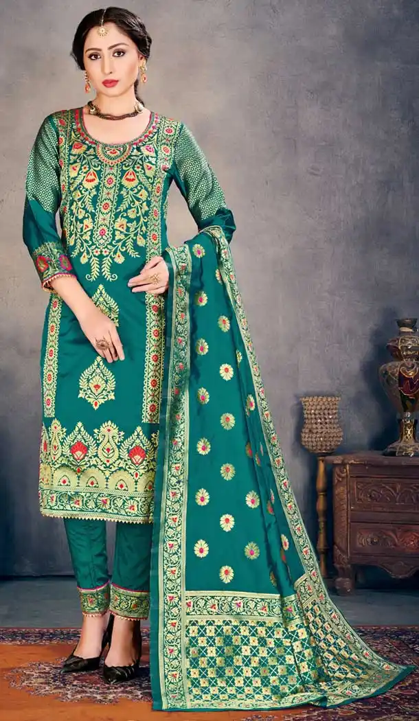 Teal Color Banarasi Art Silk Casual Office Wear Salwar Kameez -1200128174