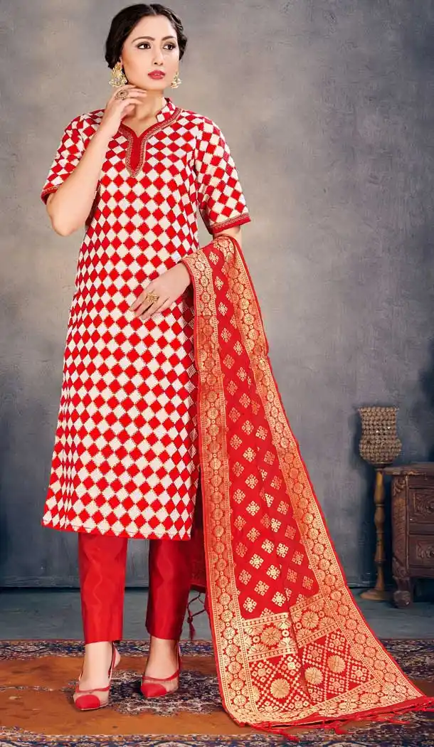 Red Color Banarasi Art Silk Casual Office Wear Salwar Kameez -1200128177